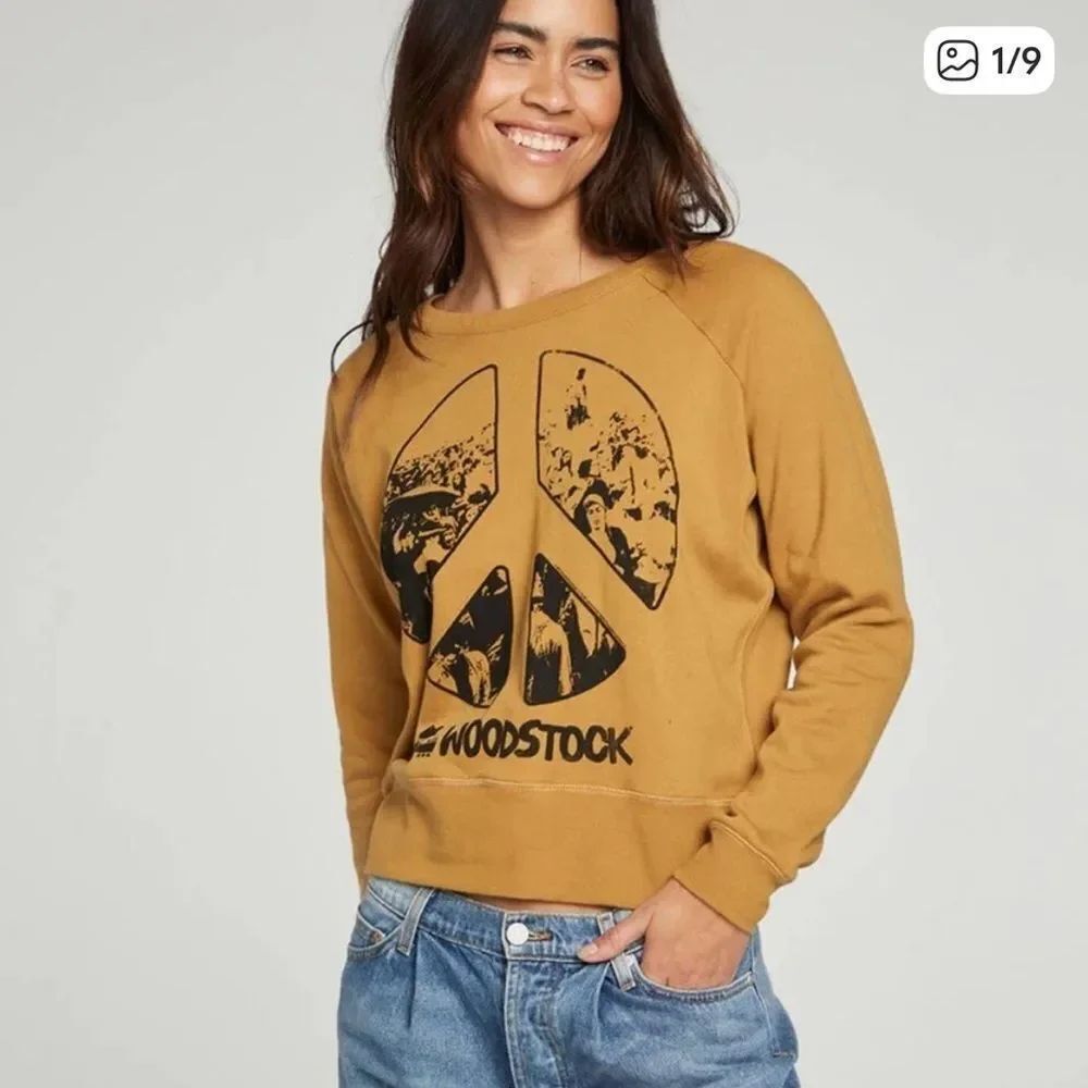 Chaser Woodstock Peace Sign Cropped Mustard Brown Sweatshirt Womens XS
